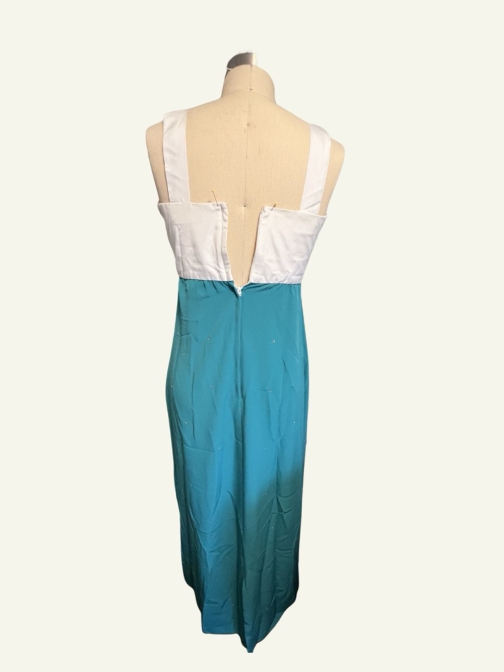 Vintage 60s White Bow Maxi Dress with Teal Skirt and Rhinestones - Picture 2 of 4